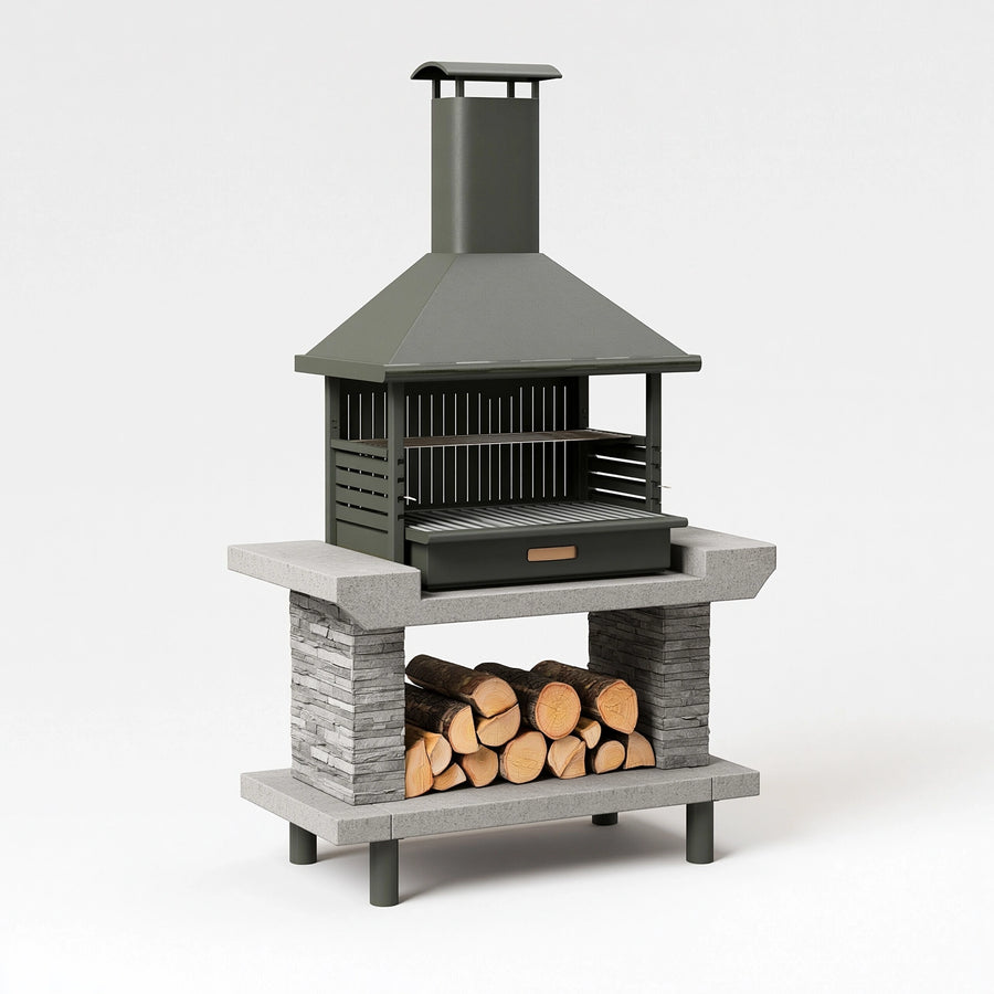 Grillkamin 120 x 70 x 220 cm aus Stahl und Kunststein in Anthrazit für den Außenbereich