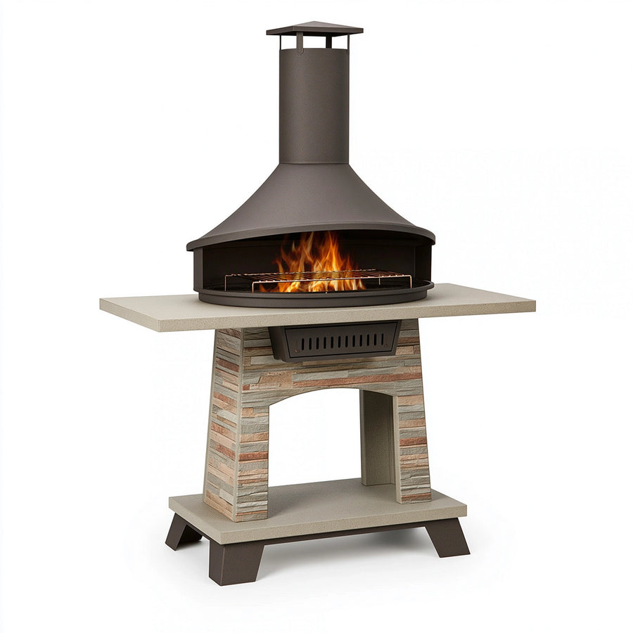 Grillkamin 120 x 80 x 220 cm aus Metall und Stein Braun Beige für den Außenbereich mit Grillrost