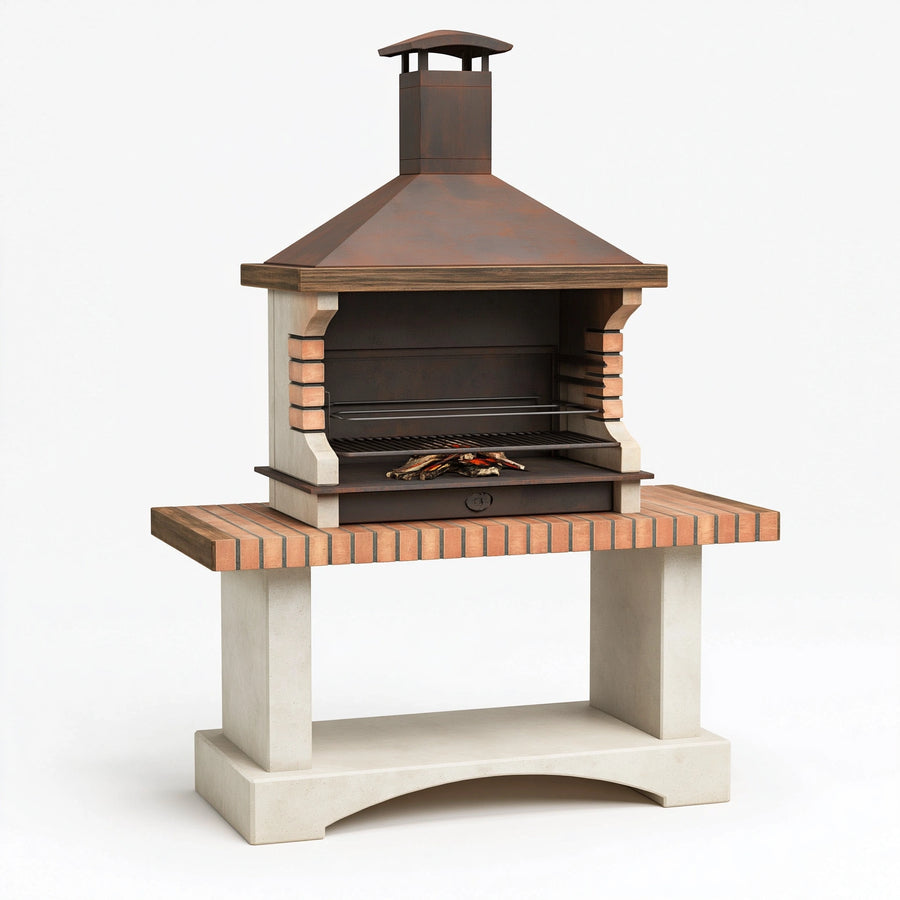 Gartenkamin 120 x 70 x 190 cm aus Beton Ziegel und Metall Braun Beige mit Grillrost