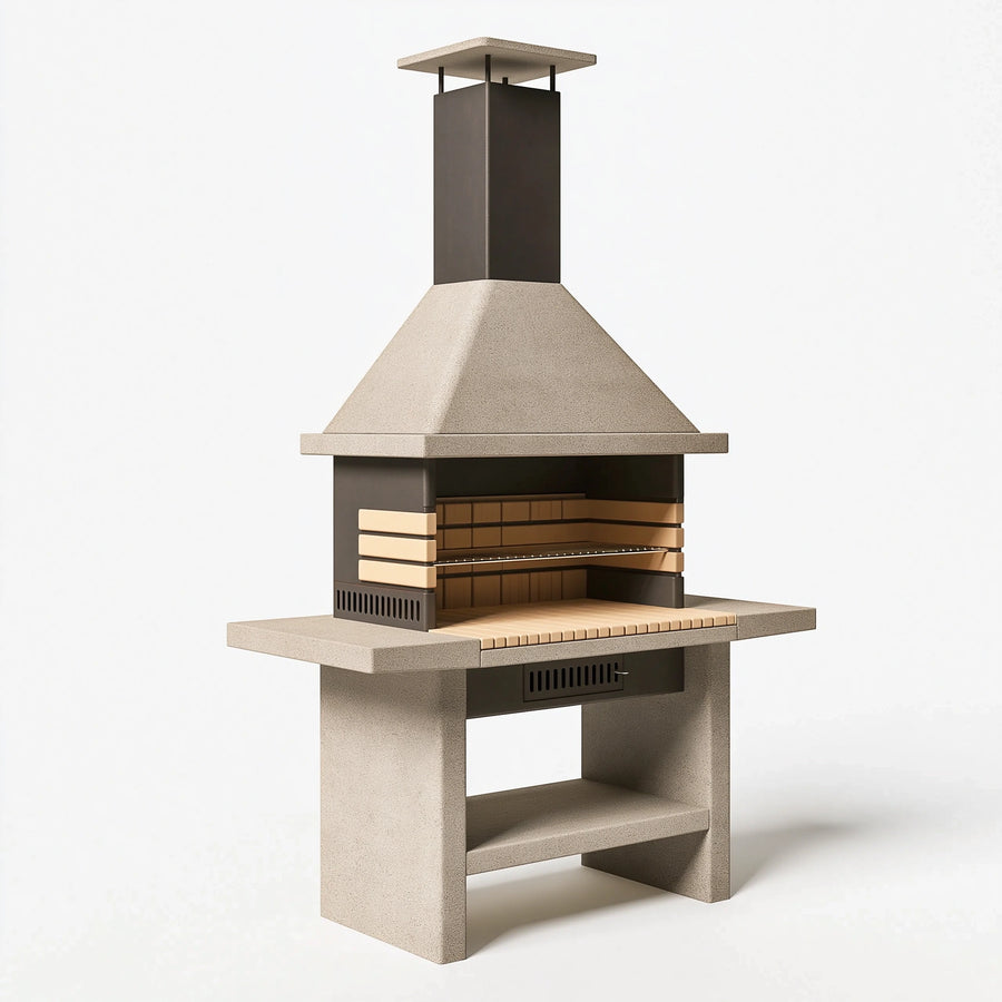 Grillkamin 120 x 70 x 220 cm aus Beton und Metall in Beige Schwarz mit Kaminhaube