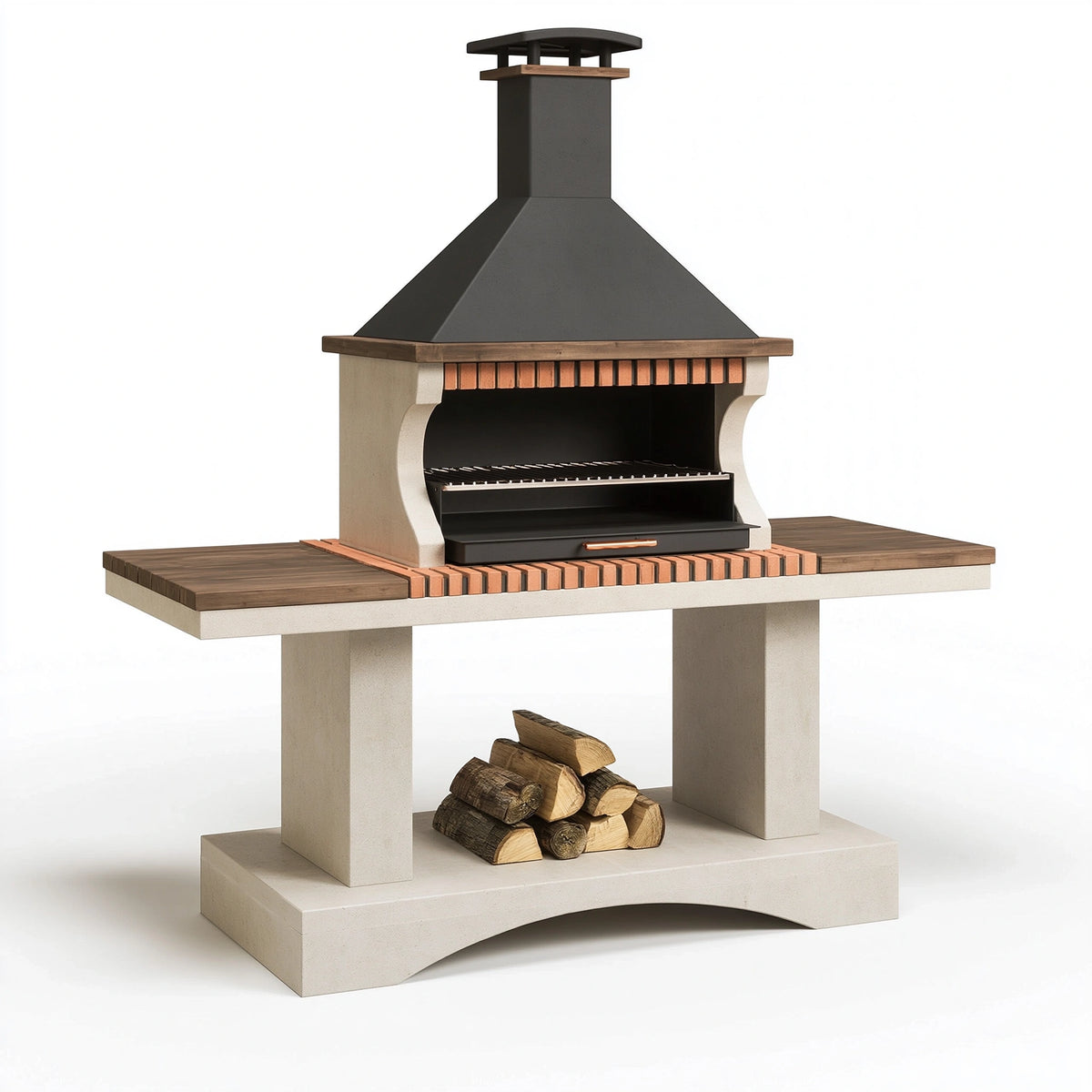 Grillkamin 180 x 80 x 220 cm aus Beton und Stahl Schwarz Beige für Außenbereich im rustikalen Stil