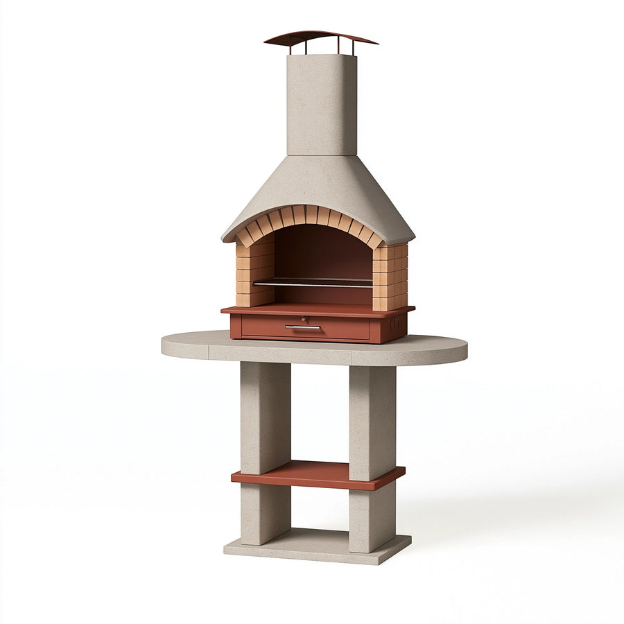 Gartengrill 100 x 70 x 240 cm aus Beton in Beige Terrakotta mit Kamin und Grillrost