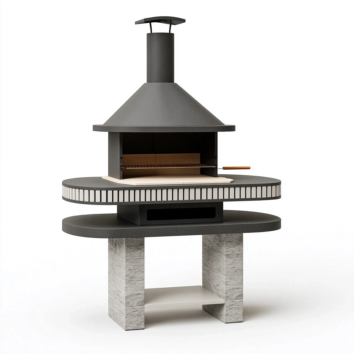 Gartenkamin Ø120 cm Metall und Stein Schwarz Grau mit Grillrost