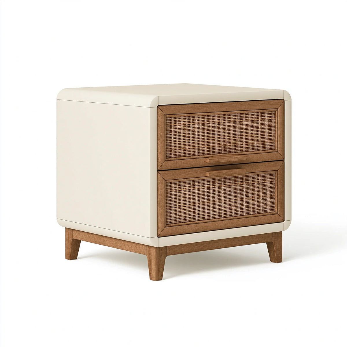 Nachttisch 50 x 40 x 60 cm aus Holzwerkstoff in Creme und Braun mit Rattangeflecht und 2 Schubladen