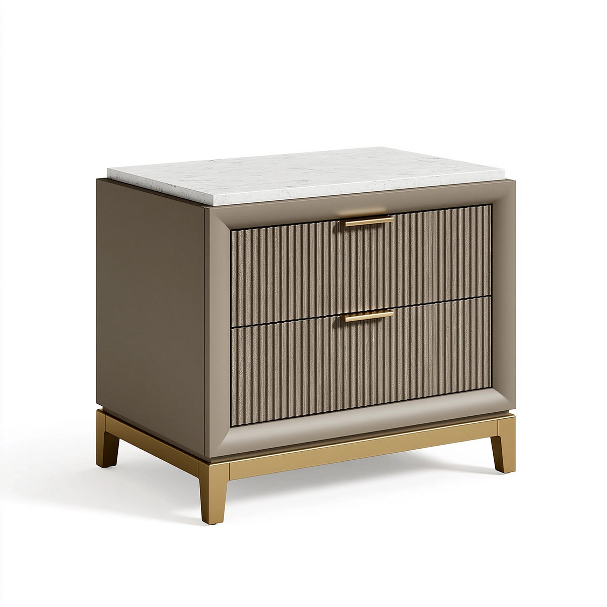 Nachttisch 50 x 40 x 60 cm in Beige Weiß Gold mit zwei Schubladen und geriffelter Front
