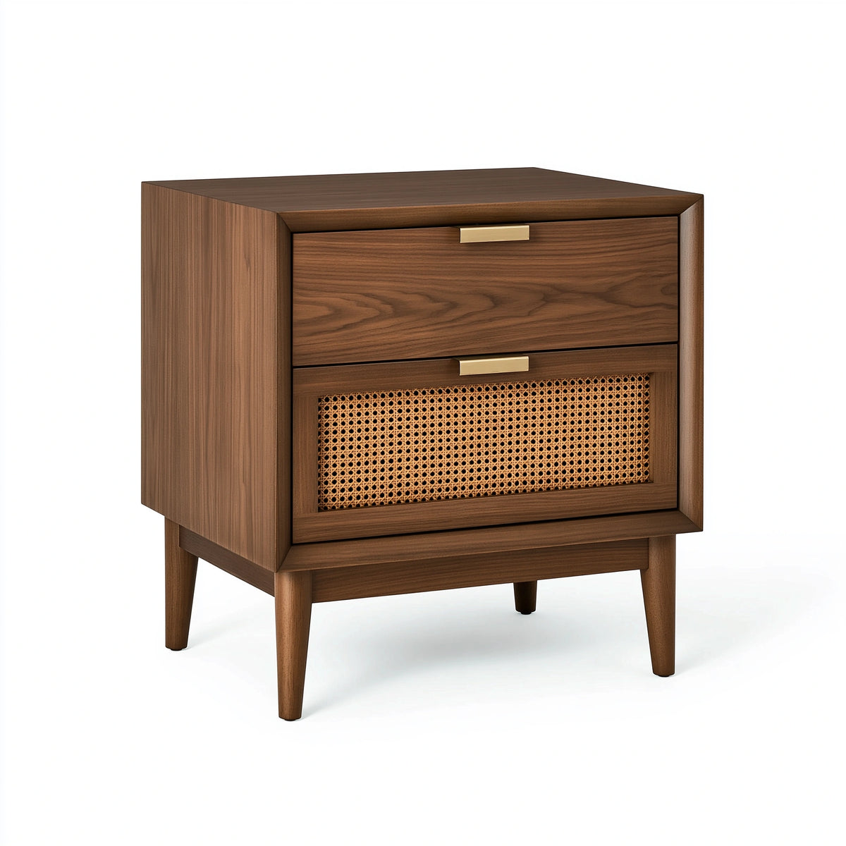 Nachttisch 50 x 40 x 60 cm Holzwerkstoff Walnussbraun mit Rattangeflecht - Retro Stil mit 2 Schubladen