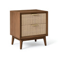 Nachttisch 45 x 40 x 60 cm aus Holz in Walnussbraun mit Rattangeflecht - Mid-Century Stil
