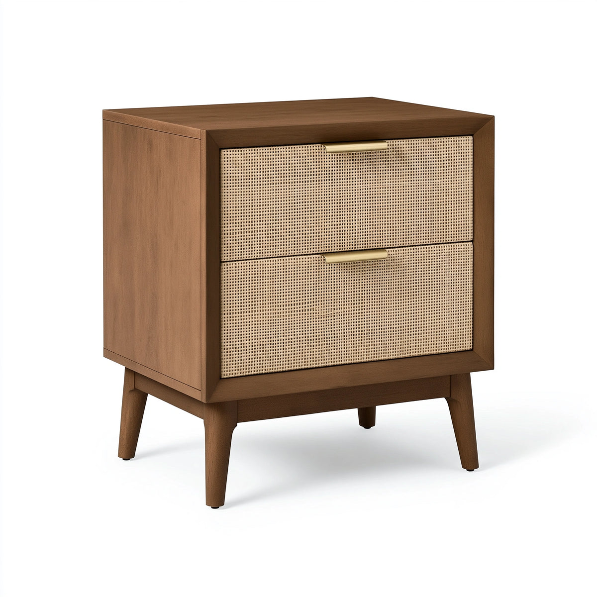 Nachttisch 45 x 40 x 60 cm aus Holz in Walnussbraun mit Rattangeflecht - Mid-Century Stil