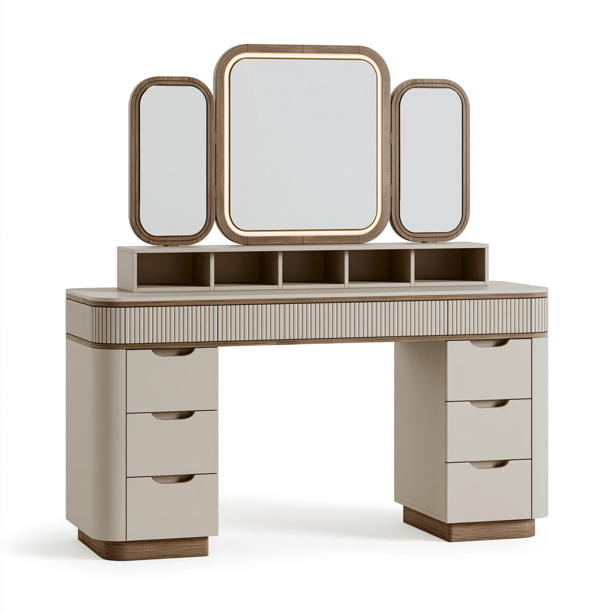Schminktisch Set 160 x 50 x 150 cm Holzwerkstoff Beige Braun mit Spiegel und Beleuchtung