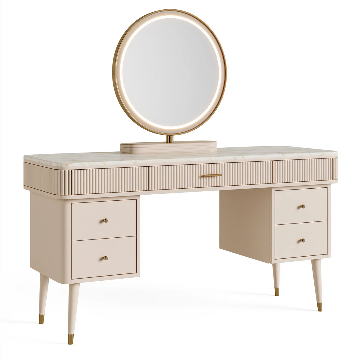 Schminktisch 120 x 45 x 145 cm in Creme Gold mit Holzwerkstoff Glas und beleuchtetem Spiegel