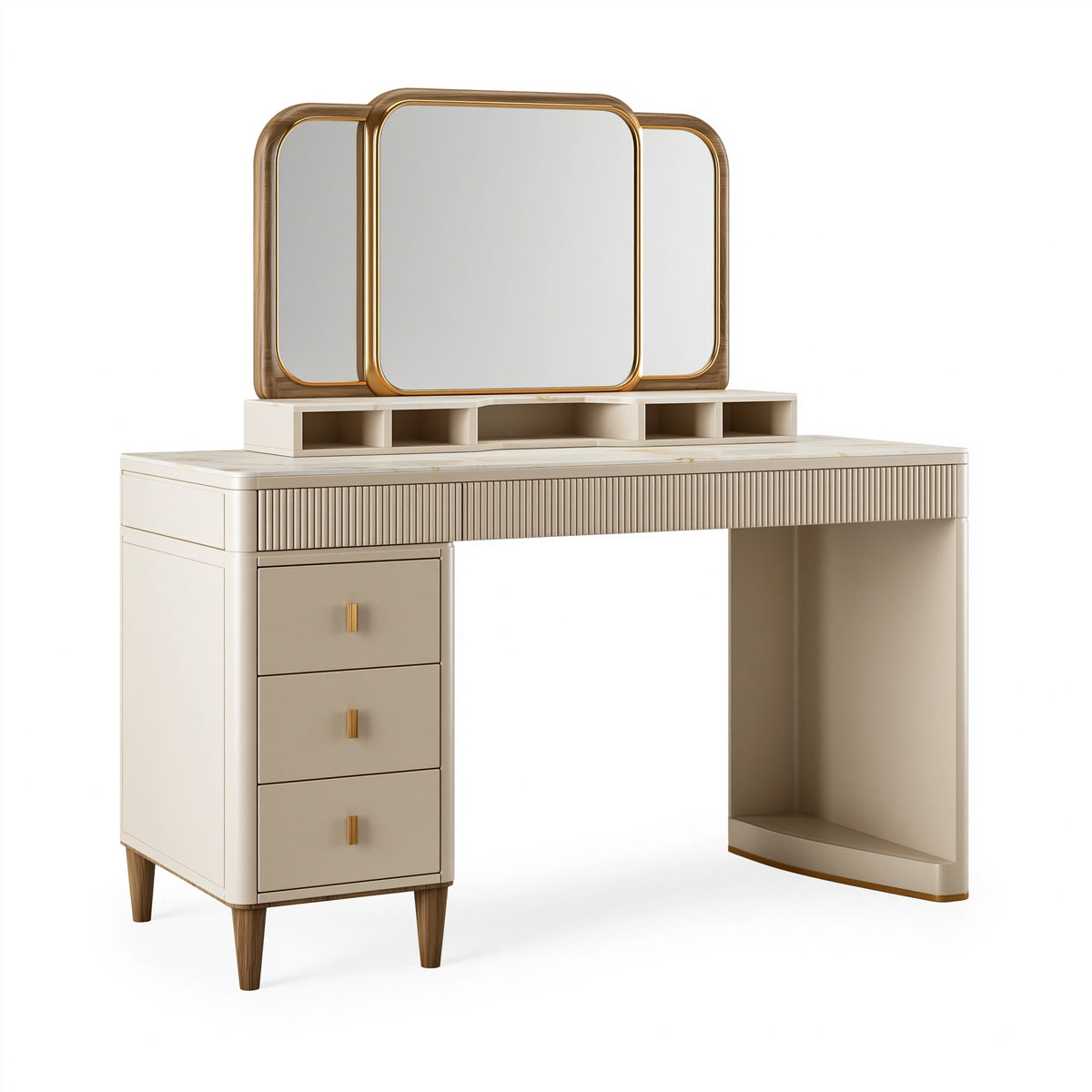 Schminktisch Set 120 x 50 x 150 cm Holzwerkstoff Glas Elfenbein Walnuss Gold mit Spiegel und Schubladen