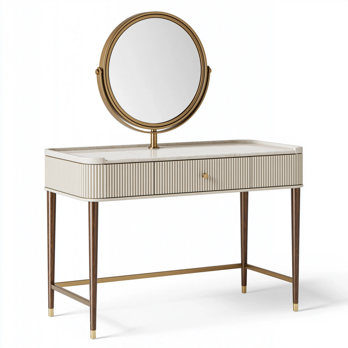 Frisiertisch 100 x 45 x 150 cm Holz Metall Beige Braun mit rundem Spiegel Art-Déco-Stil