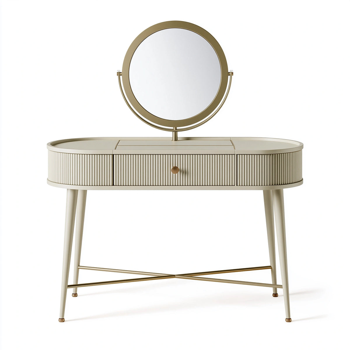 Schminktisch 100 x 45 x 145 cm aus Holzwerkstoff und Metall Beige Gold mit rundem Spiegel