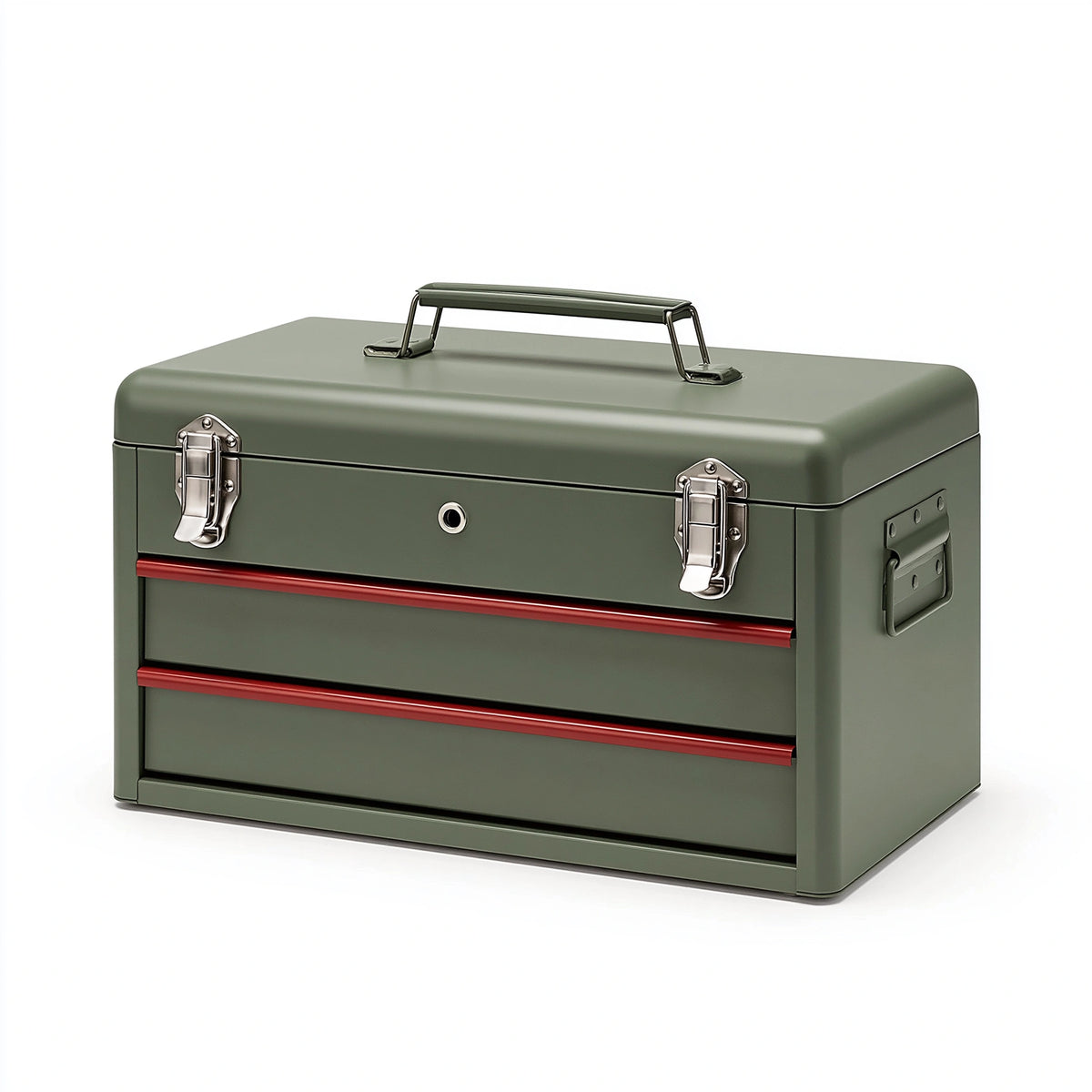 Werkzeugkoffer 50 x 25 x 32 cm aus Metall olivgrün mit Tragegriff und Schnappverschlüssen